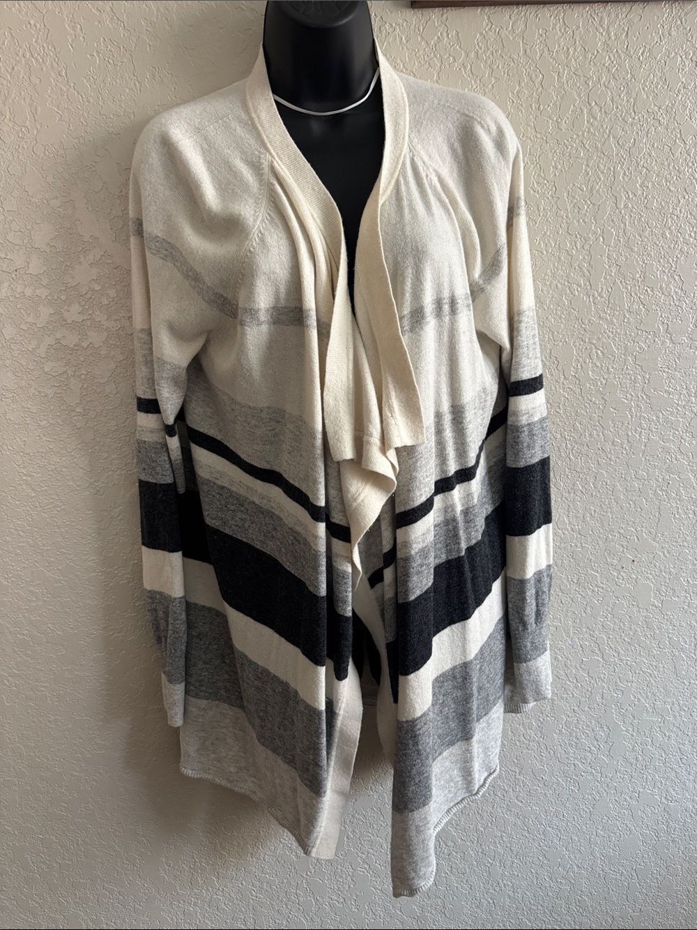 LOFT Cream, Gray and Black Striped Open Front Cardigan
